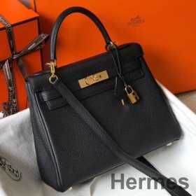 Hermes Kelly 25cm Retourne Bag In Black Clemence Leather