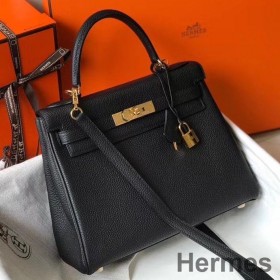 Hermes Kelly 25cm Retourne Bag In Black Clemence Leather