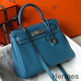Hermes Kelly 25cm Retourne Bag In Blue Jean Clemence Leather