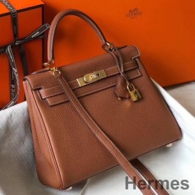 Hermes Kelly 25cm Retourne Bag In Gold Clemence Leather
