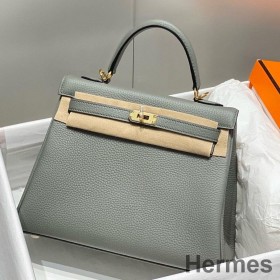 Hermes Kelly 25cm Retourne Bag In Gris Meyer Clemence Leather