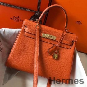 Hermes Kelly 25cm Retourne Bag In Orange Clemence Leather