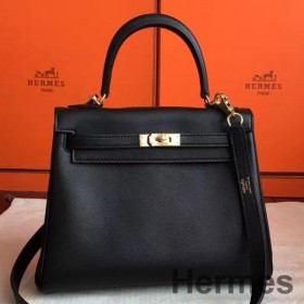 Hermes Kelly 25cm Retourne Handmade Bag In Black Swift Leather