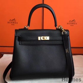 Hermes Kelly 25cm Retourne Handmade Bag In Black Swift Leather