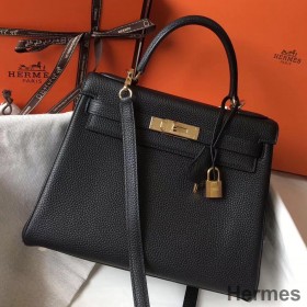 Hermes Kelly 28cm Bag In Black Clemence Leather GHW