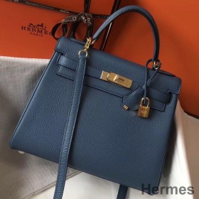 Hermes Kelly 28cm Bag In Blue Agate Clemence Leather GHW