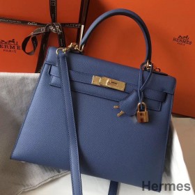 Hermes Kelly 28cm Bag In Blue Agate Epsom Leather GHW