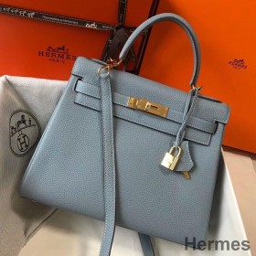 Hermes Kelly 28cm Bag In Blue Lin Clemence Leather GHW