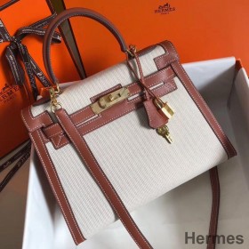 Hermes Kelly 28cm Bag In Canvas With Barenia Leather