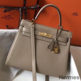 Hermes Kelly 28cm Bag In Gris Tourterelle Clemence Leather GHW
