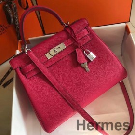 Hermes Kelly 28cm Bag In Rose Red Clemence Leather PHW