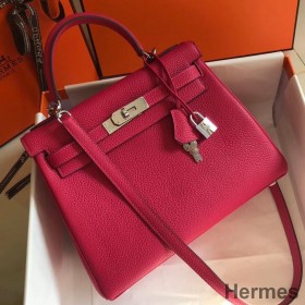 Hermes Kelly 28cm Bag In Rose Red Clemence Leather PHW