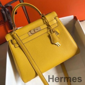 Hermes Kelly 28cm Bag In Yellow Clemence Leather GHW