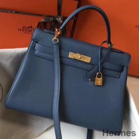 Hermes Kelly 32cm Bag In Blue Agate Clemence Leather GHW