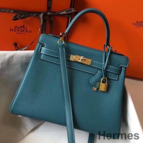 Hermes Kelly 32cm Bag In Blue Jean Clemence Leather GHW