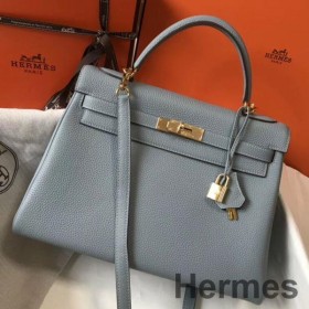 Hermes Kelly 32cm Bag In Blue Lin Clemence Leather GHW