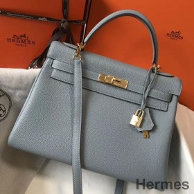 Hermes Kelly 32cm Bag In Blue Lin Clemence Leather GHW