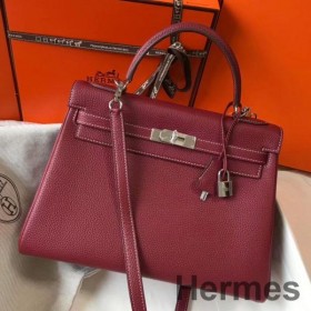 Hermes Kelly 32cm Bag In Bordeaux Clemence Leather PHW
