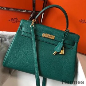 Hermes Kelly 32cm Bag In Malachite Clemence Leather GHW