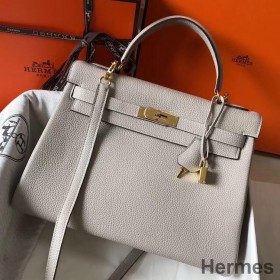 Hermes Kelly 32cm Bag In Pearl Grey Clemence Leather GHW