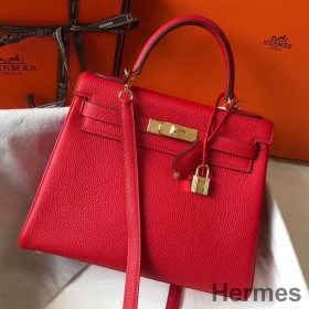 Hermes Kelly 32cm Bag In Red Clemence Leather GHW