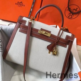 Hermes Kelly 32cm Bag In Toile Canvas With Barenia Leather