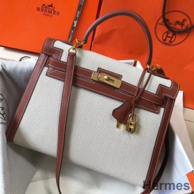 Hermes Kelly 32cm Bag In Toile Canvas With Barenia Leather