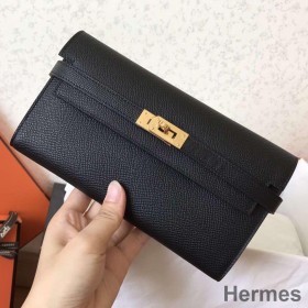 Hermes Kelly Classic Long Wallet In Black Epsom Leather