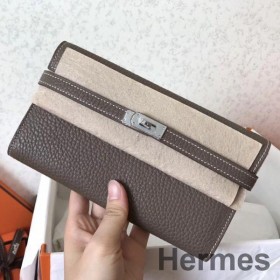 Hermes Kelly Classic Long Wallet In Etoupe Clemence Leather