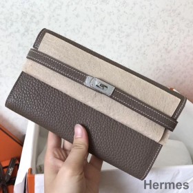 Hermes Kelly Classic Long Wallet In Etoupe Clemence Leather
