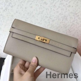 Hermes Kelly Classic Long Wallet In Grey Epsom Leather