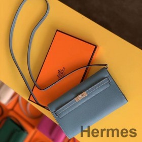 Hermes Kelly Classique To Go Wallet In Blue Jean Epsom Calfskin