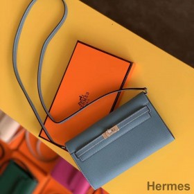 Hermes Kelly Classique To Go Wallet In Blue Jean Epsom Calfskin