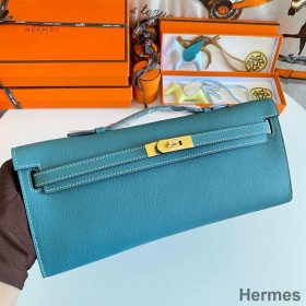 Hermes Kelly Cut Handmade Bag in Blue Jean Epsom Calfskin