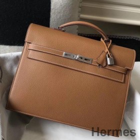 Hermes Kelly Depeche 34 Briefcase In Brown Calfskin