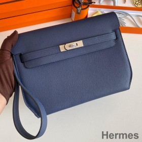 Hermes Kelly Depeches 25 Pouch in Blue Saphir Epsom Calfskin