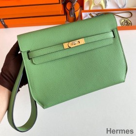 Hermes Kelly Depeches 25 Pouch in Vert Criquet Epsom Calfskin