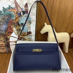 Hermes Kelly Elan Handmade Bag In Blue Saphir Chevre Mysore Leather