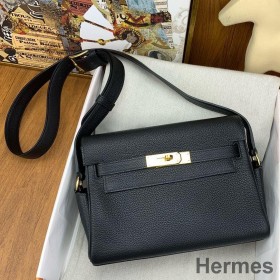 Hermes Kelly Messenger Bag in Black Clemence Leather