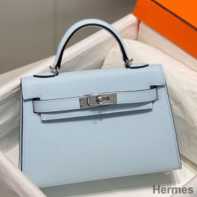 Hermes Kelly Mini II Bag In Blue Brume Epsom Leather PHW