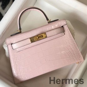 Hermes Kelly Mini II Bag In Rose Dragee Embossed Crocodile Leather