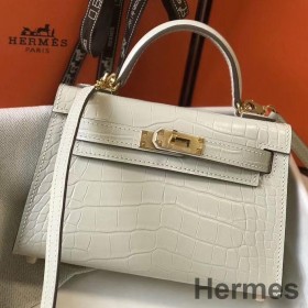 Hermes Kelly Mini II Handmade Bag In Beton Crocodile Embossed Leather