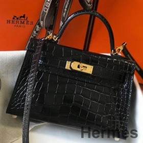 Hermes Kelly Mini II Handmade Bag In Black Crocodile Embossed Leather