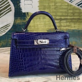 Hermes Kelly Mini II Handmade Bag In Blue Alligator Crocodile