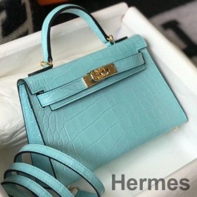 Hermes Kelly Mini II Handmade Bag In Blue Atoll Crocodile Embossed Leather
