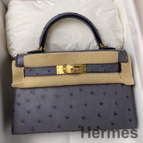 Hermes Kelly Mini II Handmade Bag In Gris Agate Ostrich Leather