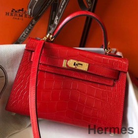Hermes Kelly Mini II Handmade Bag In Red Crocodile Embossed Leather