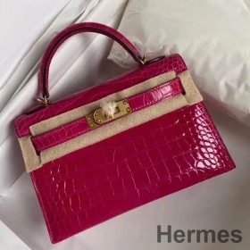 Hermes Kelly Mini II Handmade Bag In Rose Red Alligator Crocodile