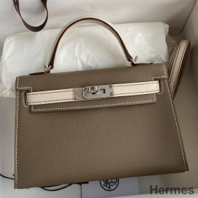 Hermes Kelly Mini II Sellier Bicolor Handmade Bag in Taupe and Craie Epsom Calfskin