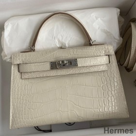 Hermes Kelly Mini II Sellier Handmade Bag In Beton Matte Alligator Leather